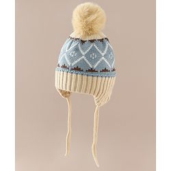 Babyhug Woollen Cap with Knot & Pom Pom with Geometric Design Khaki - Diameter 18.5 cm