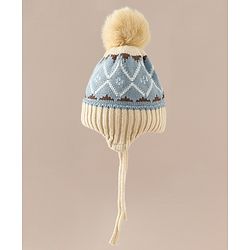 Babyhug Woollen Cap with Knot & Pom Pom with Geometric Design Khaki - Diameter 18.5 cm