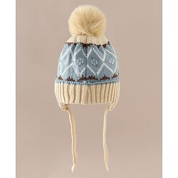 Babyhug Woollen Cap with Knot & Pom Pom with Geometric Design Khaki - Diameter 18.5 cm