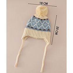 Babyhug Woollen Cap with Knot & Pom Pom with Geometric Design Khaki - Diameter 18.5 cm