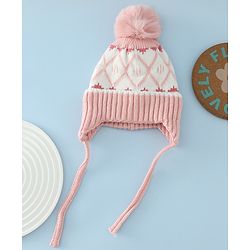 Babyhug Woollen Cap with Knot & Pom Pom with Geometric Design Khaki - Diameter 18.5 cm