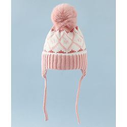Babyhug Woollen Cap with Knot & Pom Pom with Geometric Design Khaki - Diameter 18.5 cm