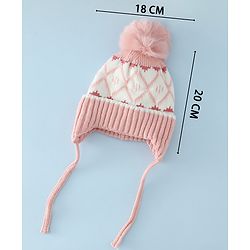 Babyhug Woollen Cap with Knot & Pom Pom with Geometric Design Khaki - Diameter 18.5 cm