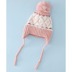 Babyhug Woollen Cap with Knot & Pom Pom with Geometric Design Khaki - Diameter 18.5 cm
