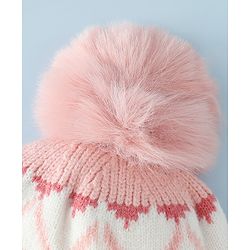Babyhug Woollen Cap with Knot & Pom Pom with Geometric Design Khaki - Diameter 18.5 cm