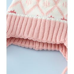 Babyhug Woollen Cap with Knot & Pom Pom with Geometric Design Khaki - Diameter 18.5 cm