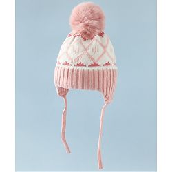 Babyhug Woollen Cap with Knot & Pom Pom with Geometric Design Khaki - Diameter 18.5 cm