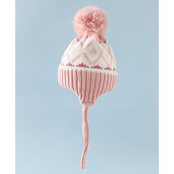 Babyhug Woollen Cap with Knot & Pom Pom with Geometric Design Khaki - Diameter 18.5 cm