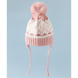 Babyhug Woollen Cap with Knot & Pom Pom with Geometric Design Khaki - Diameter 18.5 cm