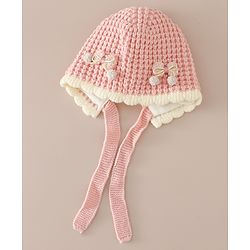 Babyhug Woollen Cap with Knot and Bow Applique Pink - Diameter 20 cm