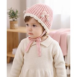 Babyhug Woollen Cap with Knot and Bow Applique Pink - Diameter 20 cm