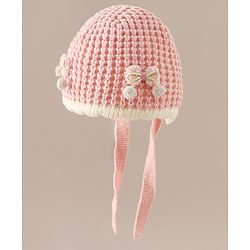 Babyhug Woollen Cap with Knot and Bow Applique Pink - Diameter 20 cm
