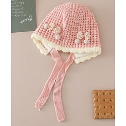Babyhug Woollen Cap with Knot and Bow Applique Pink - Diameter 20 cm