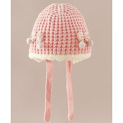 Babyhug Woollen Cap with Knot and Bow Applique Pink - Diameter 20 cm