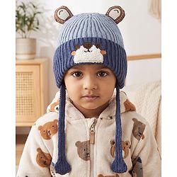 Babyhug Woollen Cap with Knot & Ear with Bear Patch Blue - Diameter 15.5 cm