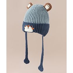 Babyhug Woollen Cap with Knot & Ear with Bear Patch Blue - Diameter 15.5 cm