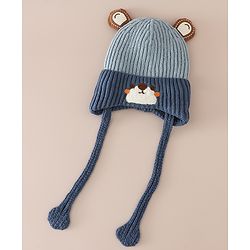 Babyhug Woollen Cap with Knot & Ear with Bear Patch Blue - Diameter 15.5 cm