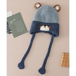 Babyhug Woollen Cap with Knot & Ear with Bear Patch Blue - Diameter 15.5 cm