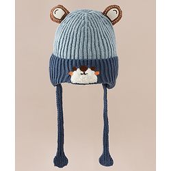 Babyhug Woollen Cap with Knot & Ear with Bear Patch Blue - Diameter 15.5 cm