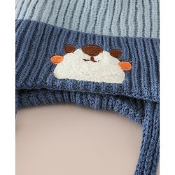 Babyhug Woollen Cap with Knot & Ear with Bear Patch Blue - Diameter 15.5 cm