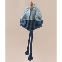 Babyhug Woollen Cap with Knot & Ear with Bear Patch Blue - Diameter 15.5 cm