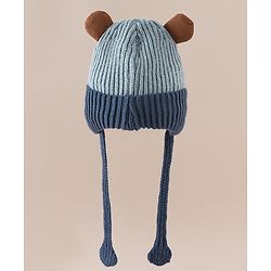 Babyhug Woollen Cap with Knot & Ear with Bear Patch Blue - Diameter 15.5 cm