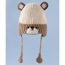 Babyhug Woollen Cap with Knot & Ear with Bear Patch Blue - Diameter 15.5 cm