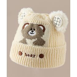 Babyhug Woollen Cap with Bear Applique Beige - Diameter 16.5 cm