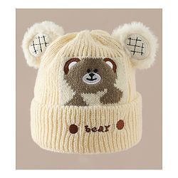 Babyhug Woollen Cap with Bear Applique Beige - Diameter 16.5 cm