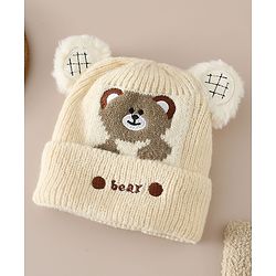 Babyhug Woollen Cap with Bear Applique Beige - Diameter 16.5 cm