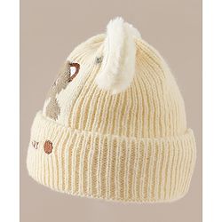 Babyhug Woollen Cap with Bear Applique Beige - Diameter 16.5 cm