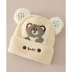 Babyhug Woollen Cap with Bear Applique Beige - Diameter 16.5 cm