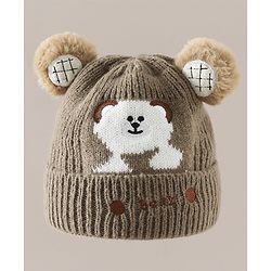 Babyhug Woollen Cap with Bear Applique Beige - Diameter 16.5 cm