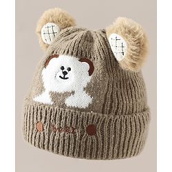 Babyhug Woollen Cap with Bear Applique Beige - Diameter 16.5 cm