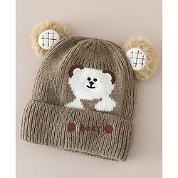 Babyhug Woollen Cap with Bear Applique Beige - Diameter 16.5 cm
