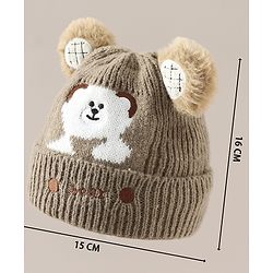 Babyhug Woollen Cap with Bear Applique Beige - Diameter 16.5 cm
