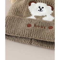Babyhug Woollen Cap with Bear Applique Beige - Diameter 16.5 cm