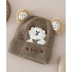 Babyhug Woollen Cap with Bear Applique Beige - Diameter 16.5 cm