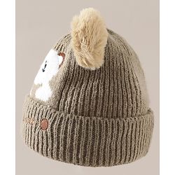 Babyhug Woollen Cap with Bear Applique Beige - Diameter 16.5 cm