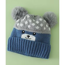Babyhug Woollen Cap with Bear Print & Applique Blue - Diameter 17 cm