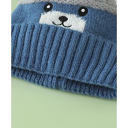 Babyhug Woollen Cap with Bear Print & Applique Blue - Diameter 17 cm