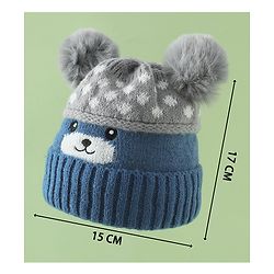 Babyhug Woollen Cap with Bear Print & Applique Blue - Diameter 17 cm