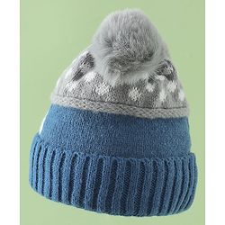 Babyhug Woollen Cap with Bear Print & Applique Blue - Diameter 17 cm