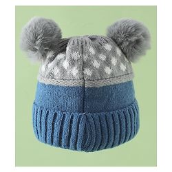 Babyhug Woollen Cap with Bear Print & Applique Blue - Diameter 17 cm