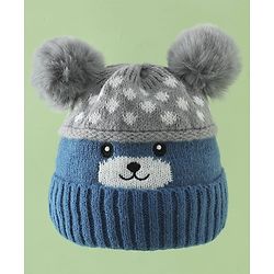 Babyhug Woollen Cap with Bear Print & Applique Blue - Diameter 17 cm