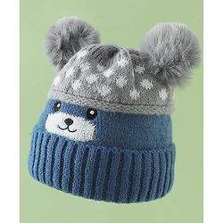 Babyhug Woollen Cap with Bear Print & Applique Blue - Diameter 17 cm
