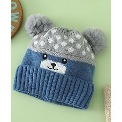 Babyhug Woollen Cap with Bear Print & Applique Blue - Diameter 17 cm