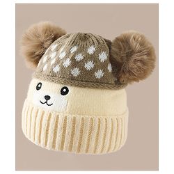 Babyhug Woollen Cap with Bear Print & Applique Blue - Diameter 17 cm