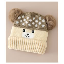 Babyhug Woollen Cap with Bear Print & Applique Blue - Diameter 17 cm