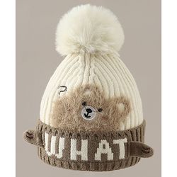 Babyhug Woollen Cap with Pom Pom & Bear Patch Brown - Diameter 17.5 cm